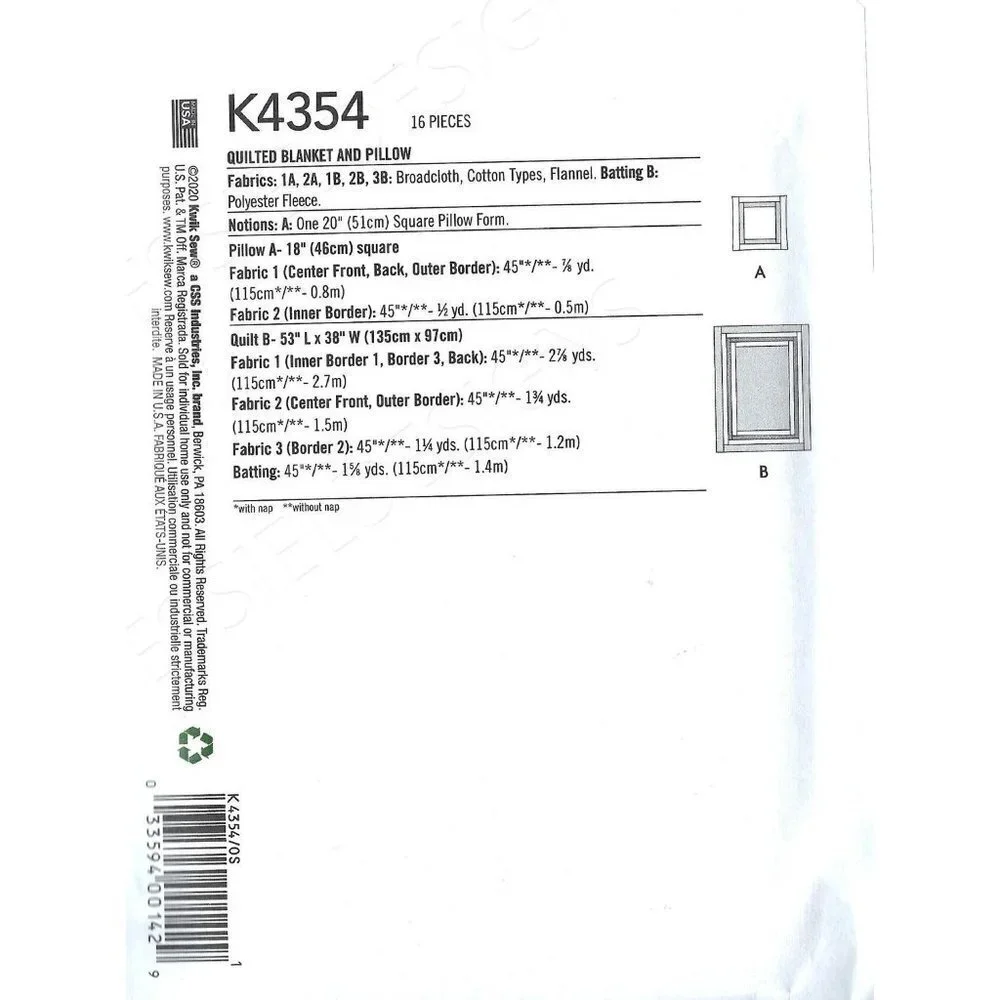 Kwik Sew Sewing Pattern 4354 Quilted Blanket‎ Pillow